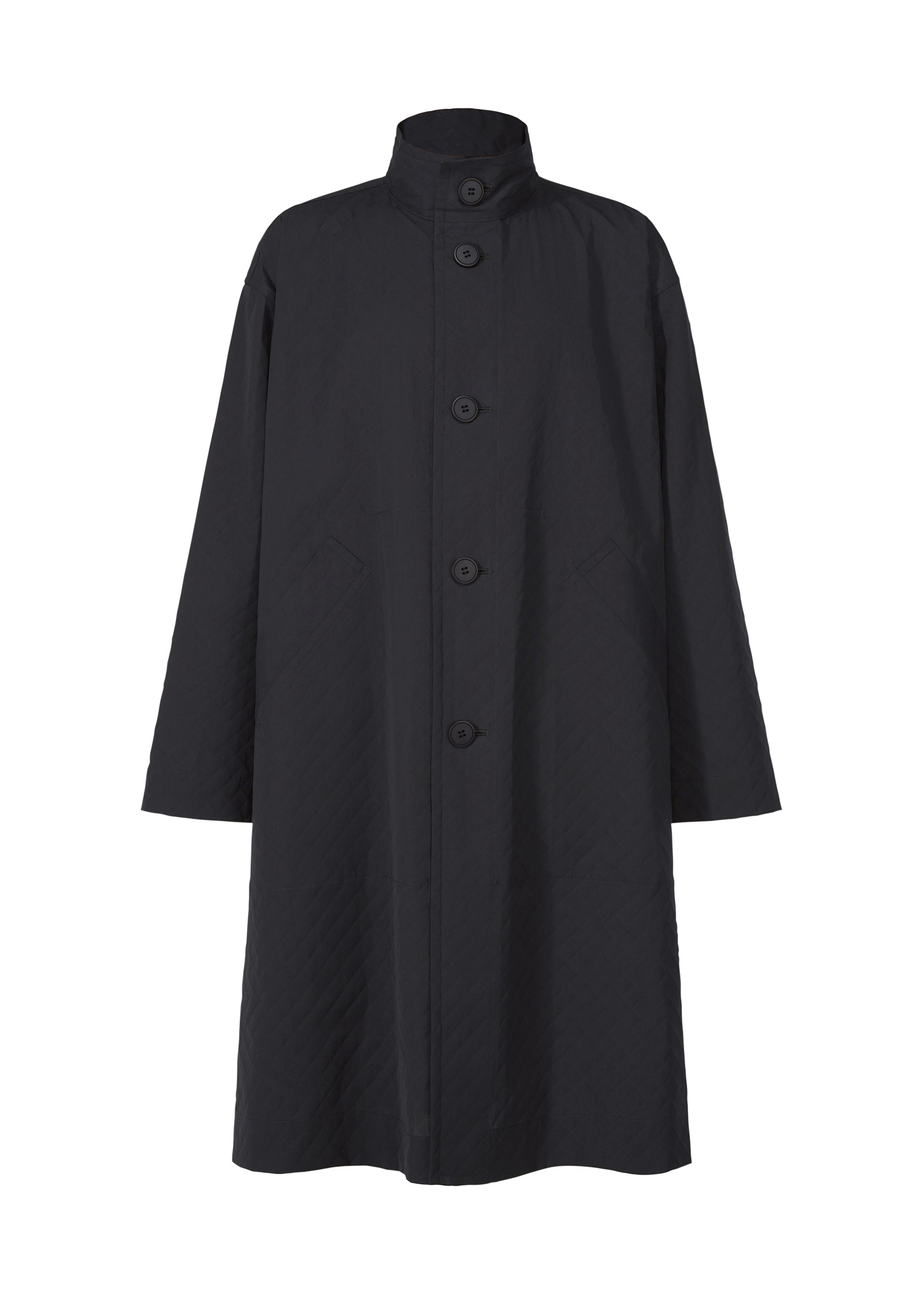 Zoomed view The TYPE-T 001-1 by A-POC ABLE ISSEY MIYAKE is a long, black textured button-up coat with a high collar, diagonal pockets, and long sleeves. Its simple, loose-fitting design creates a sleek, modern look against a white background. - NAVY （no.75）