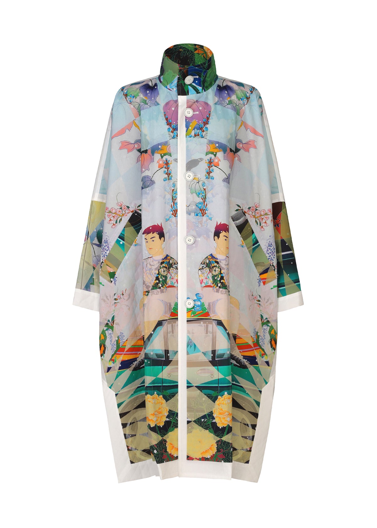 Vivid button-up coat with a high collar, displaying a lively geometric and abstract pattern inspired by modern art fashion, adorned with illustrated figures, flowers, and varied shapes on a white backdrop. The TYPE-XII Tomokazu Matsuyama project 003 coat from A-POC ABLE ISSEY MIYAKE is a bold statement piece that embraces contemporary artistic expression. view 1 of 23