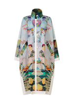 Vivid button-up coat with a high collar, displaying a lively geometric and abstract pattern inspired by modern art fashion, adorned with illustrated figures, flowers, and varied shapes on a white backdrop. The TYPE-XII Tomokazu Matsuyama project 003 coat from A-POC ABLE ISSEY MIYAKE is a bold statement piece that embraces contemporary artistic expression. - YELLOW-HUED（no.89）