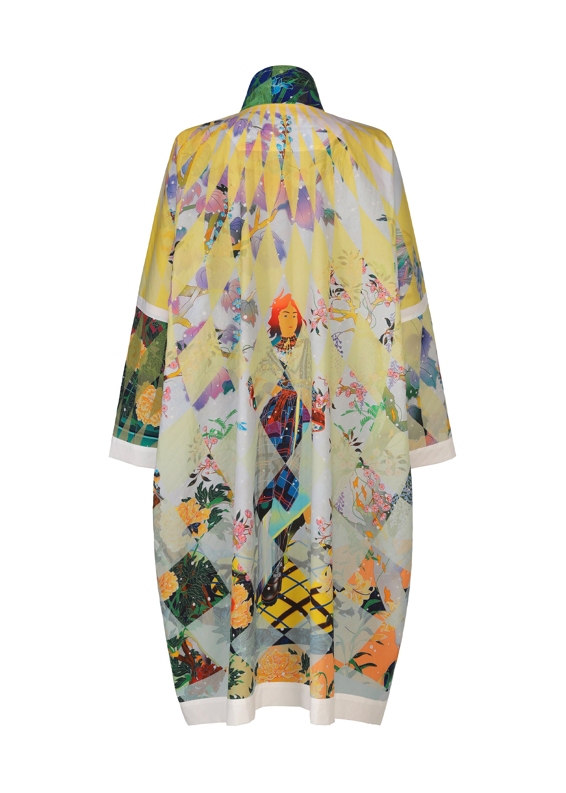 Zoomed view A loose-fitting, long-sleeved garment featuring a geometric yellow and white diamond pattern with a central illustration of a person surrounded by colorful floral designs, this piece is inspired by contemporary art fashion. The TYPE-XII Tomokazu Matsuyama project 003 from A-POC ABLE ISSEY MIYAKE seamlessly fuses bold creativity with vibrant visual storytelling.