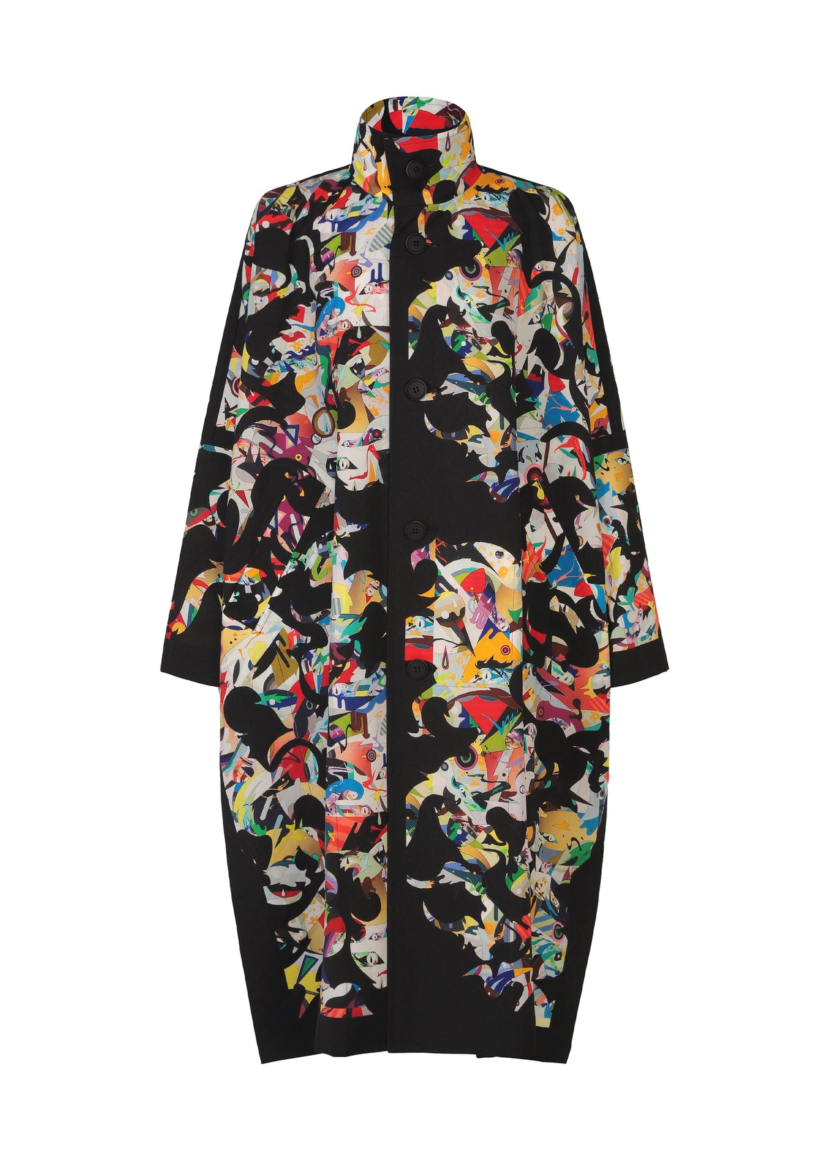 Inspired by contemporary art fashion, the TYPE-XII Tomokazu Matsuyama project 003 coat from A-POC ABLE ISSEY MIYAKE features a knee-length silhouette with a high collar, black base, and an eye-catching pattern of multicolored abstract shapes and faces. This stylish piece is finished with long sleeves and a button-down front. view 3 of 23