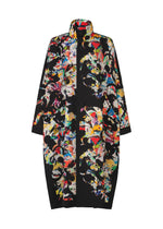 Inspired by contemporary art fashion, the TYPE-XII Tomokazu Matsuyama project 003 coat from A-POC ABLE ISSEY MIYAKE features a knee-length silhouette with a high collar, black base, and an eye-catching pattern of multicolored abstract shapes and faces. This stylish piece is finished with long sleeves and a button-down front. - BLACK-HUED （no.90）