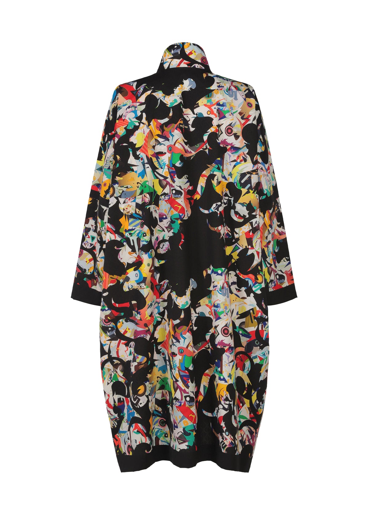 A long-sleeved, loose-fitting coat from A-POC ABLE ISSEY MIYAKE, the TYPE-XII Tomokazu Matsuyama project 003 features a colorful, abstract pattern set against a black background. Inspired by contemporary art fashion, its dynamic mix of shapes and vibrant colors creates an artistic look that boldly expresses individuality. Shown from the back, this garment perfectly embodies the spirit of creative expression characteristic of the TYPE-XII Tomokazu Matsuyama project 003. view 4 of 23
