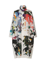 A striking long, white coat from A-POC ABLE ISSEY MIYAKE’s TYPE-XII Tomokazu Matsuyama project 003, featuring colorful abstract penguin patterns inspired by contemporary art fashion. The design includes a button-up front, side pockets, and a high collar, making this innovative piece truly eye-catching against a white background. - WHITE-HUED （no.91）
