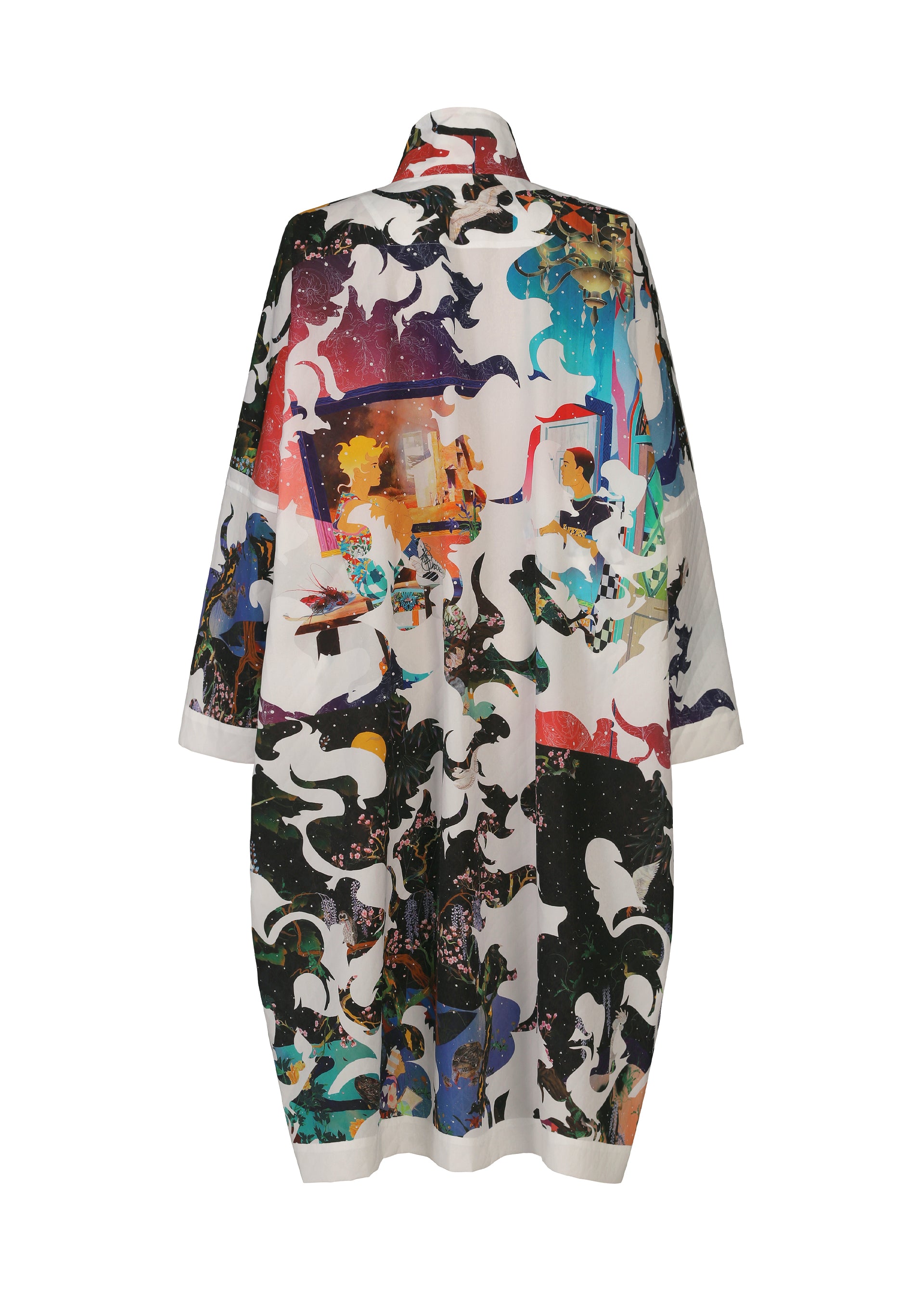Zoomed view A loose-fitting coat with a colorful, abstract pattern in shades of orange, teal, black, and white on a white background is shown from the back—this TYPE-XII Tomokazu Matsuyama project 003 coat by A-POC ABLE ISSEY MIYAKE captures the spirit of contemporary art fashion through its striking visual design.