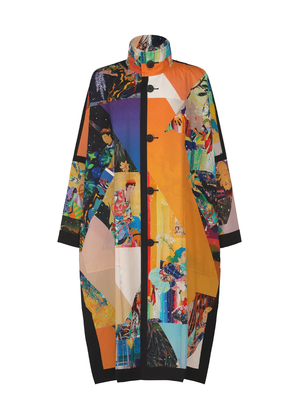 A-POC ABLE ISSEY MIYAKE’s TYPE-XII Tomokazu Matsuyama project 003 is a long, oversized coat with a high collar and bold, multicolored patchwork design. Featuring abstract and geometric patterns in vibrant shades of orange, black, blue, yellow, and red, this striking piece embodies contemporary art fashion—offering avant-garde appeal for those who appreciate wearable art. view 7 of 23