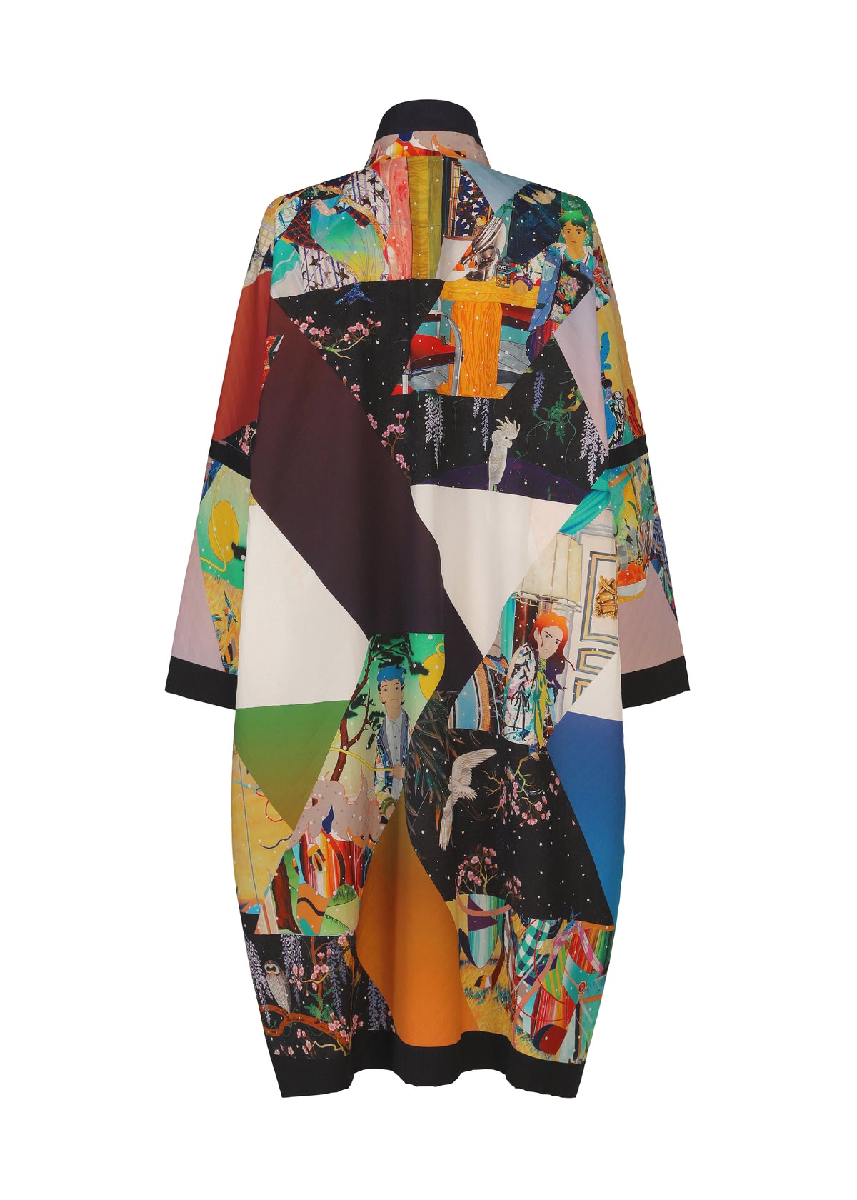 A knee-length coat viewed from the back, showcasing a vibrant, abstract patchwork of geometric shapes, faces, and striking patterns—a contemporary art-inspired statement piece from A-POC ABLE ISSEY MIYAKE’s TYPE-XII Tomokazu Matsuyama project 003. view 8 of 23