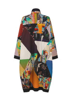 A knee-length coat viewed from the back, showcasing a vibrant, abstract patchwork of geometric shapes, faces, and striking patterns—a contemporary art-inspired statement piece from A-POC ABLE ISSEY MIYAKE’s TYPE-XII Tomokazu Matsuyama project 003.