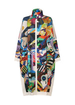 A-POC ABLE ISSEY MIYAKE’s TYPE-XII Tomokazu Matsuyama project 003 is a long-sleeved coat featuring a high collar, adorned with a vibrant multicolored abstract pattern inspired by contemporary art, and finished with white buttons down the front. - MULTI COLOR B（no.97）