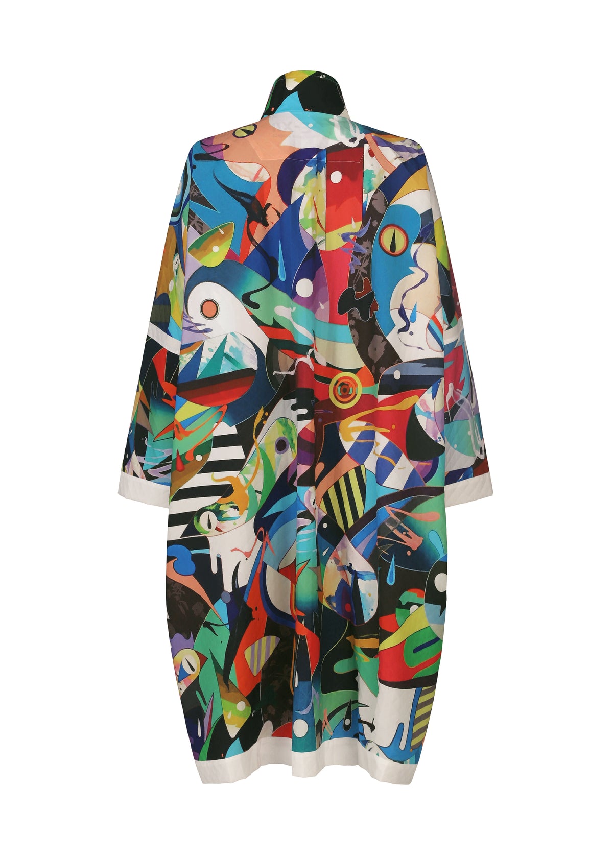 A long-sleeved, knee-length coat from the TYPE-XII Tomokazu Matsuyama project 003 by A-POC ABLE ISSEY MIYAKE, featuring a vibrant, abstract pattern with multicolored shapes, faces, and geometric designs on a white background. The collar and cuffs are also white, making this piece a striking example of contemporary art fashion. view 10 of 23