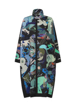 Vibrant abstract-print coat with a high collar and black trim, showcasing dynamic blue, green, and black geometric and organic patterns—this eye-catching piece from the TYPE-XII Tomokazu Matsuyama project 003 by A-POC ABLE ISSEY MIYAKE brings modern artistry inspired by contemporary fashion into your wardrobe. - BLUE-HUED（no.98）