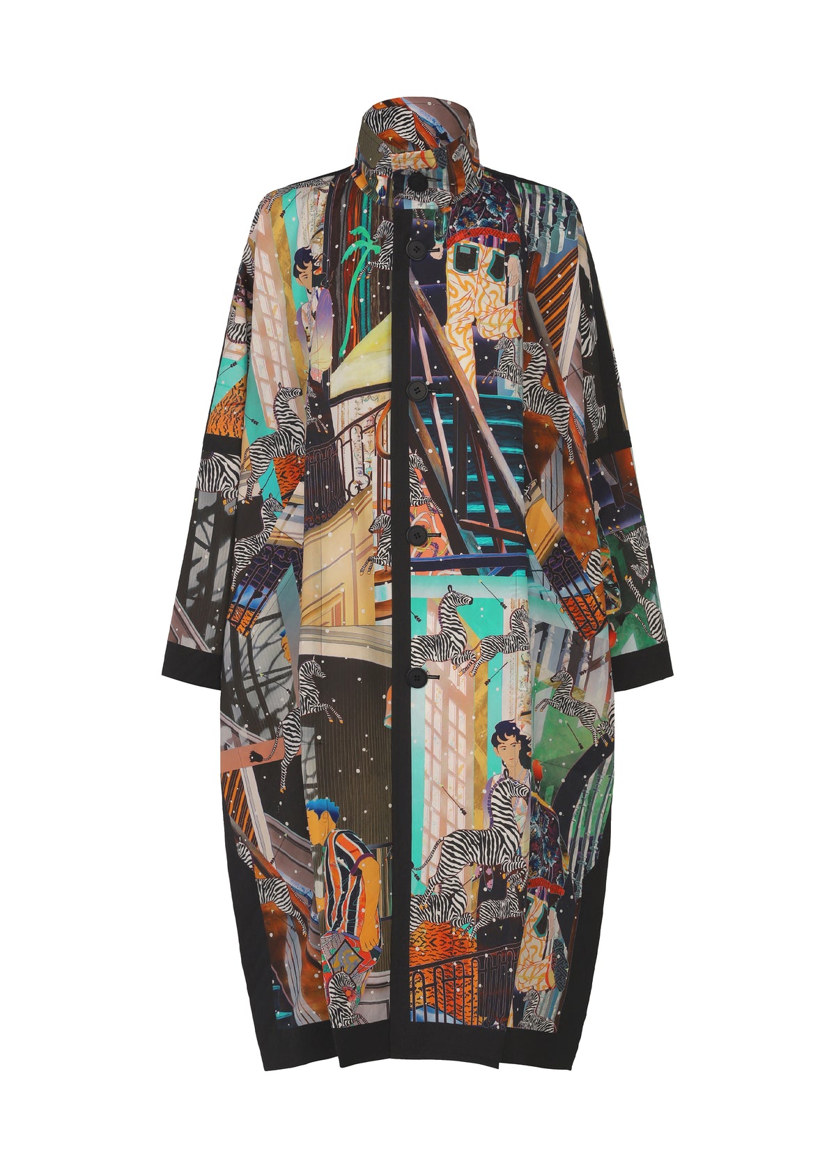 A long, colorful TYPE-XII Tomokazu Matsuyama project 003 coat by A-POC ABLE ISSEY MIYAKE, featuring intricate cityscape and zebra patterns with vibrant illustrations of people, buildings, and foliage on a black background. Inspired by contemporary art fashion, this coat is designed with a high collar and loose, flowing sleeves. view 13 of 23