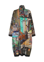 The TYPE-XII Tomokazu Matsuyama project 003 by A-POC ABLE ISSEY MIYAKE is a colorful long-sleeved robe, viewed from the back, adorned with illustrated scenes of people, zebras, and interiors in vibrant detail and varied shades—an expressive piece that embodies the spirit of contemporary art fashion.
