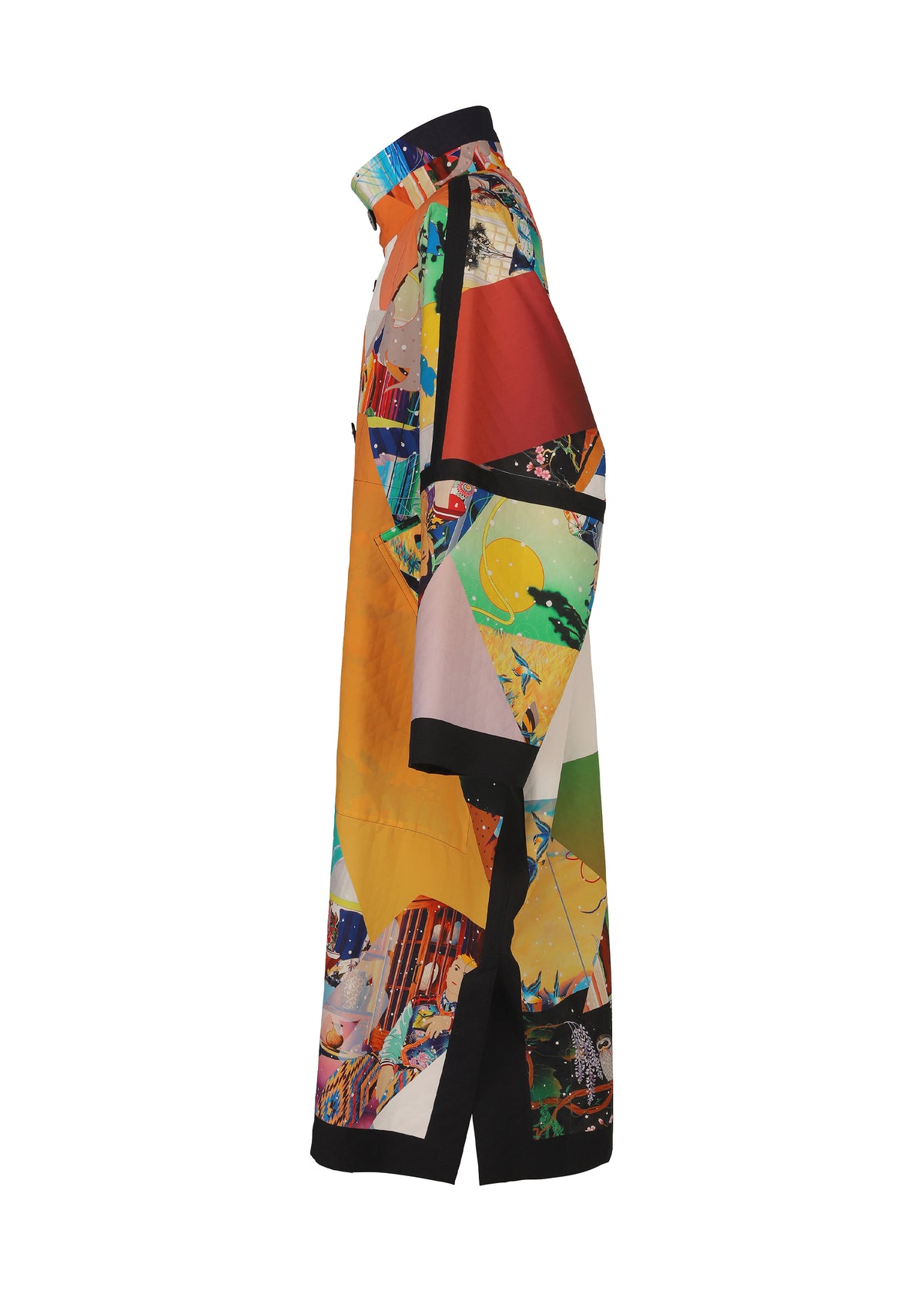 Side view of a long, colorful patchwork coat featuring abstract patterns and a high collar, inspired by contemporary art fashion. Displayed on a white background, this TYPE-XII Tomokazu Matsuyama project 003 coat by A-POC ABLE ISSEY MIYAKE reflects the innovative spirit of the brand’s designs. view 15 of 23