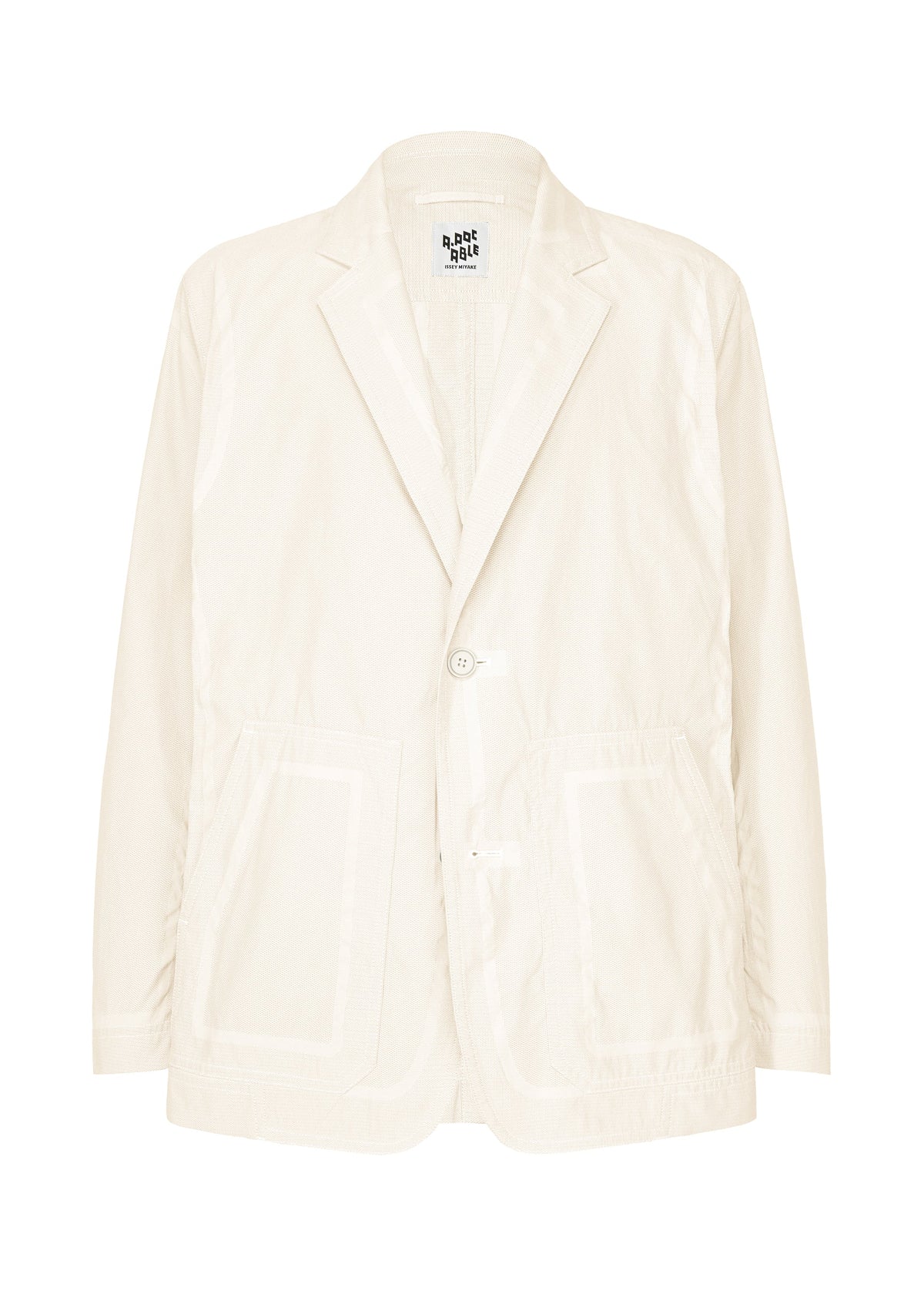 Cream-colored TYPE-U 001 casual blazer by A-POC ABLE ISSEY MIYAKE, featuring a single button closure, two large front pockets, and visible stitching details. Designed for relaxed comfort with shape-memory fabric, this jacket keeps you looking polished and comfortable all day. The label inside the collar reads A-POC ABLE ISSEY MIYAKE. Photographed against a white background. view 1 of 11
