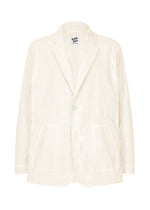 Cream-colored TYPE-U 001 casual blazer by A-POC ABLE ISSEY MIYAKE, featuring a single button closure, two large front pockets, and visible stitching details. Designed for relaxed comfort with shape-memory fabric, this jacket keeps you looking polished and comfortable all day. The label inside the collar reads A-POC ABLE ISSEY MIYAKE. Photographed against a white background. - IVORY （no.03）