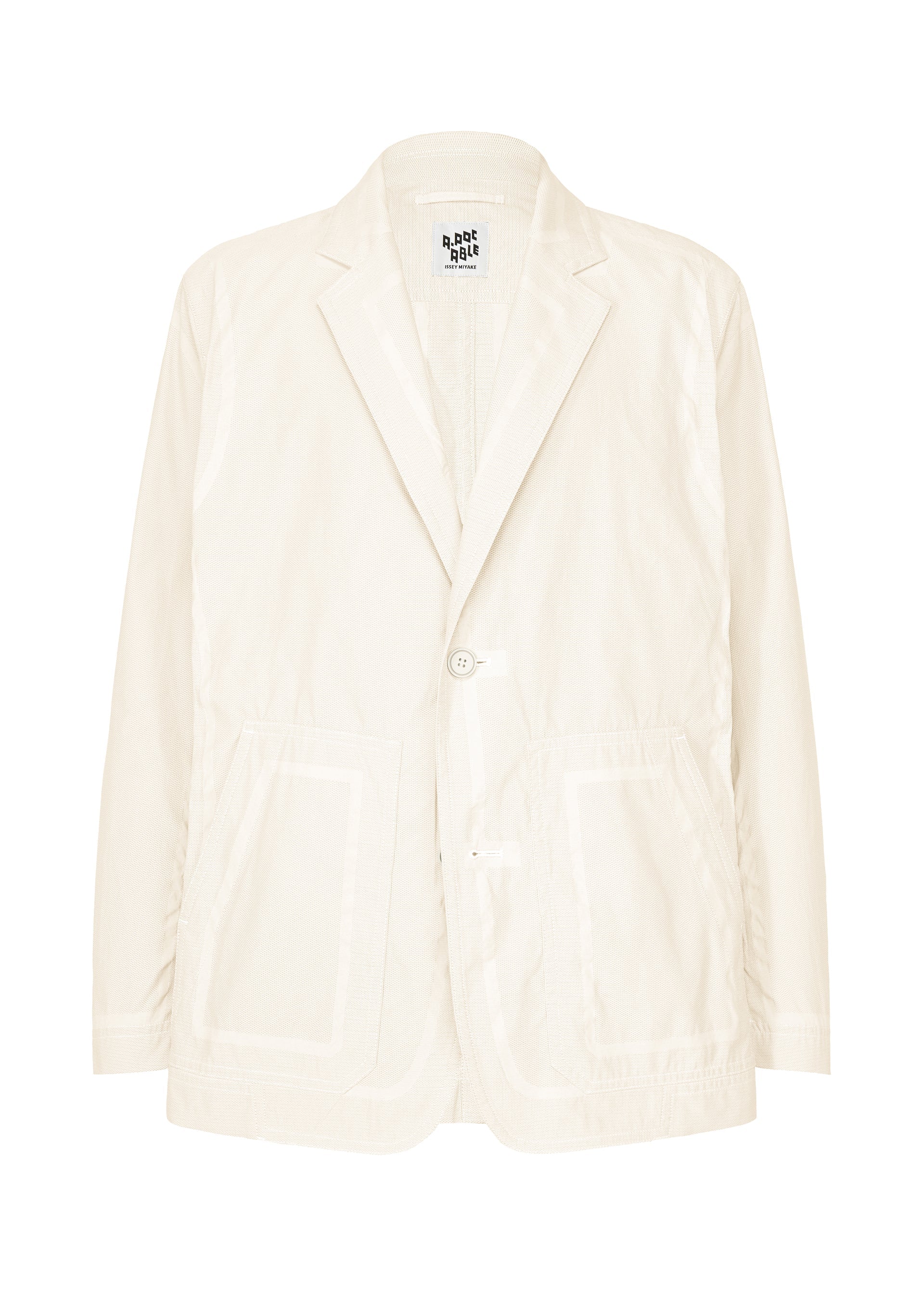Zoomed view Cream-colored TYPE-U 001 casual blazer by A-POC ABLE ISSEY MIYAKE, featuring a single button closure, two large front pockets, and visible stitching details. Designed for relaxed comfort with shape-memory fabric, this jacket keeps you looking polished and comfortable all day. The label inside the collar reads A-POC ABLE ISSEY MIYAKE. Photographed against a white background. - IVORY （no.03）