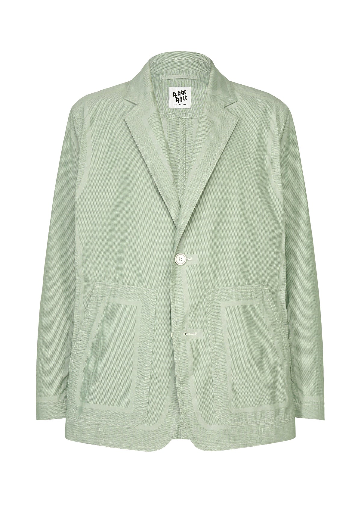 The TYPE-U 001 by A-POC ABLE ISSEY MIYAKE is a light green casual blazer featuring two large front pockets, a single button closure, and a notched lapel. Designed for relaxed comfort, it is displayed on a white background. view 2 of 11