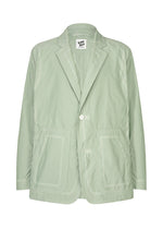 The TYPE-U 001 by A-POC ABLE ISSEY MIYAKE is a light green casual blazer featuring two large front pockets, a single button closure, and a notched lapel. Designed for relaxed comfort, it is displayed on a white background. - LIGHT GREEN （no.61）