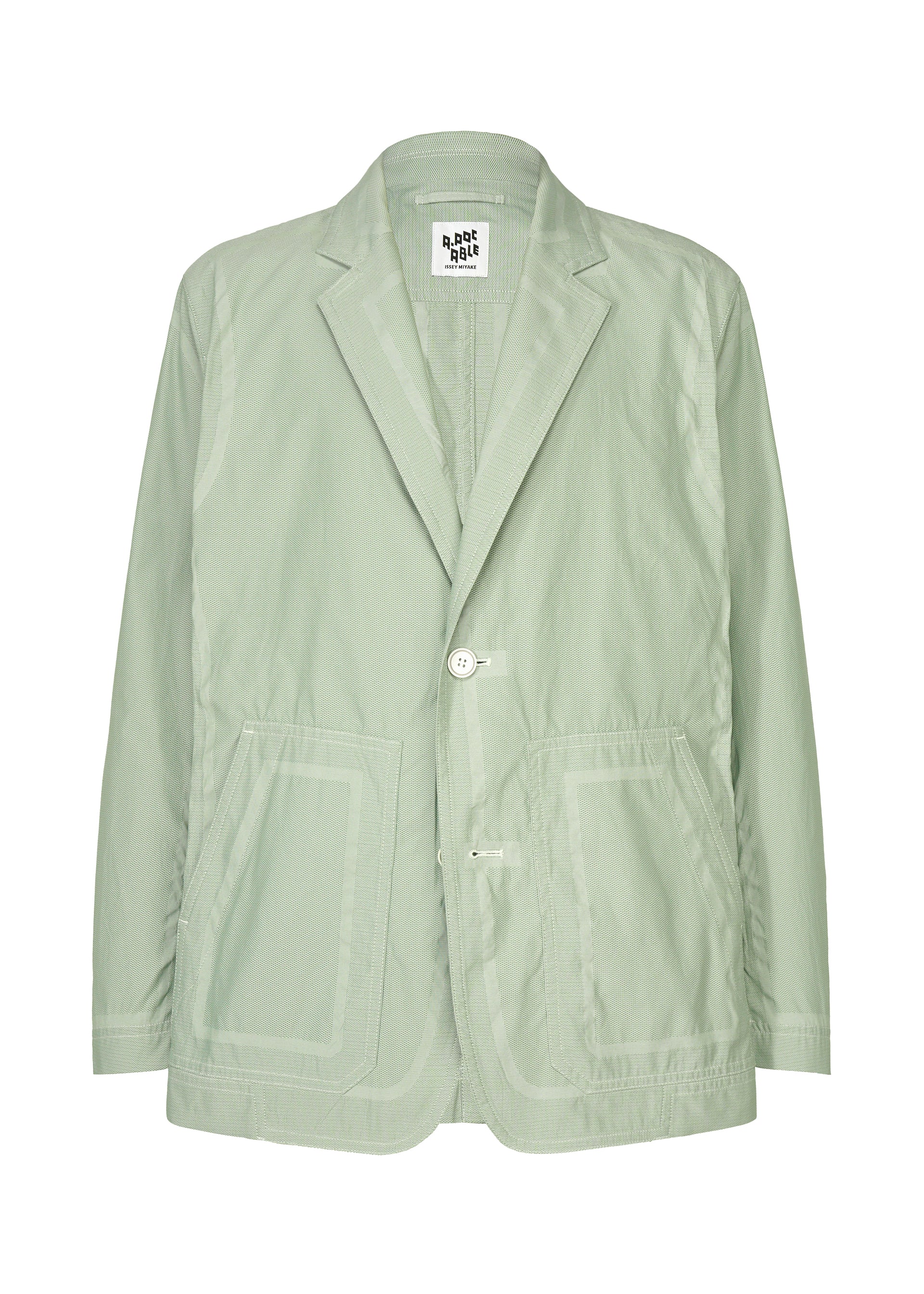 Zoomed view The TYPE-U 001 by A-POC ABLE ISSEY MIYAKE is a light green casual blazer featuring two large front pockets, a single button closure, and a notched lapel. Designed for relaxed comfort, it is displayed on a white background. - LIGHT GREEN （no.61）