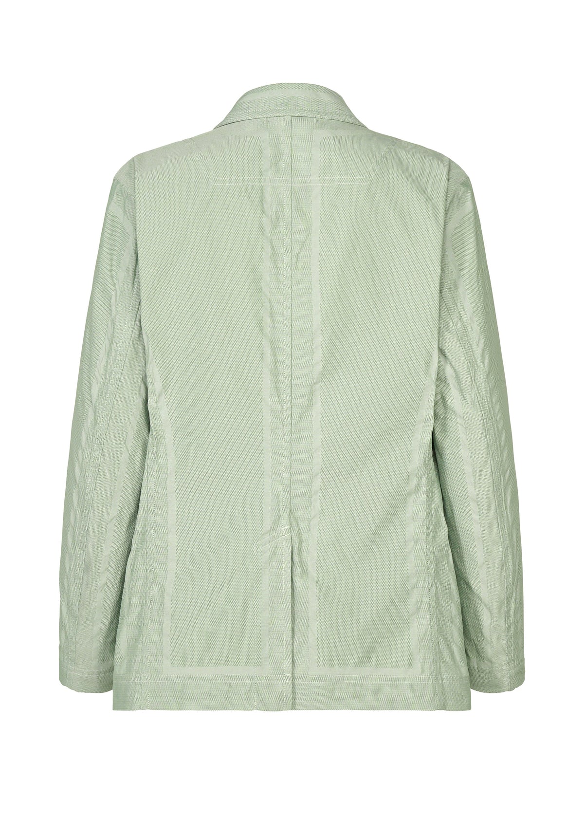 The TYPE-U 001 by A-POC ABLE ISSEY MIYAKE is a light green blazer shown from the back, highlighting its visible seams and tailored fit. This wrinkle-resistant jacket features long sleeves, a subtle sheen, and a minimalist design with no visible buttons or embellishments. view 3 of 11