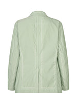 The TYPE-U 001 by A-POC ABLE ISSEY MIYAKE is a light green blazer shown from the back, highlighting its visible seams and tailored fit. This wrinkle-resistant jacket features long sleeves, a subtle sheen, and a minimalist design with no visible buttons or embellishments.