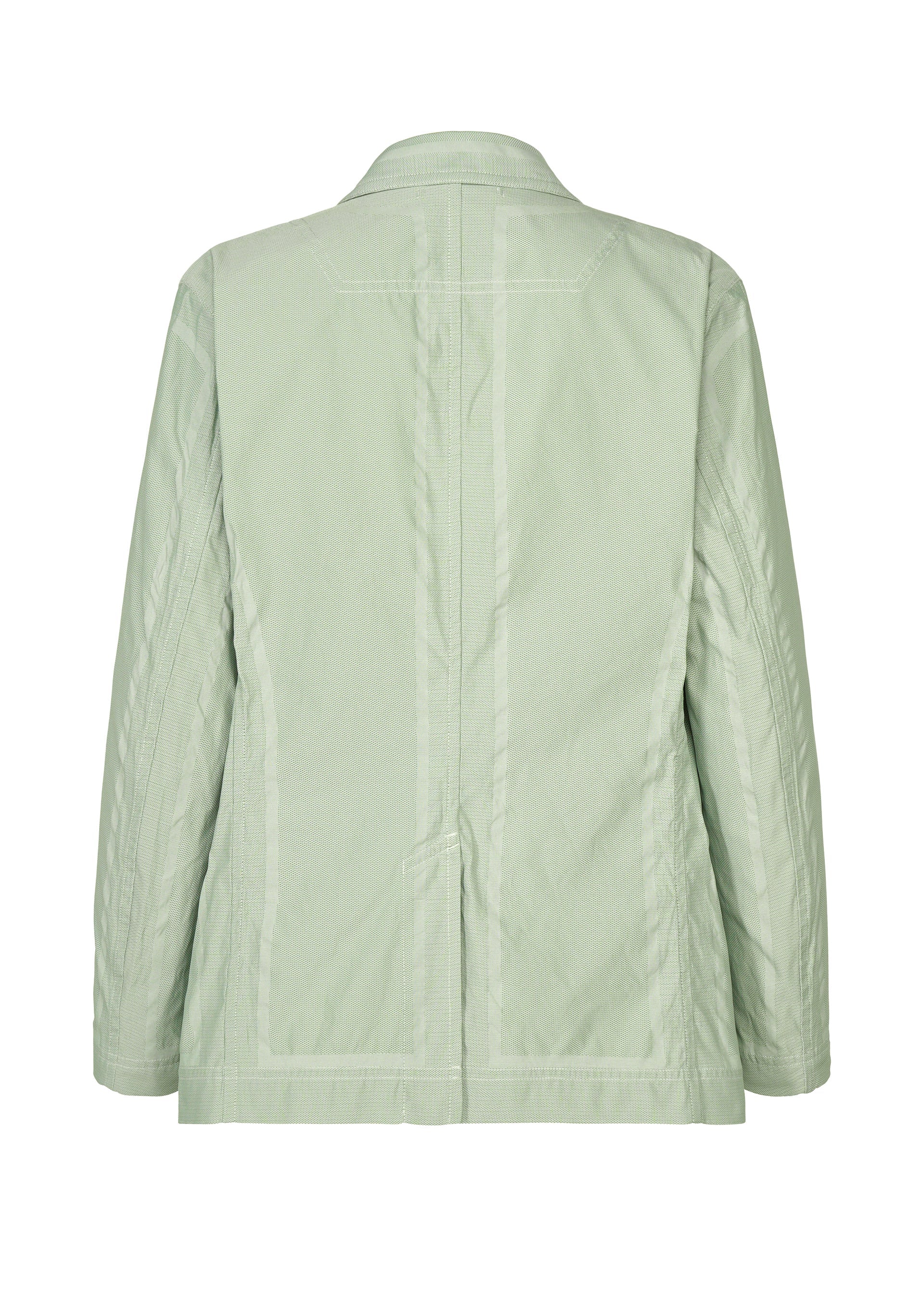 Zoomed view The TYPE-U 001 by A-POC ABLE ISSEY MIYAKE is a light green blazer shown from the back, highlighting its visible seams and tailored fit. This wrinkle-resistant jacket features long sleeves, a subtle sheen, and a minimalist design with no visible buttons or embellishments.
