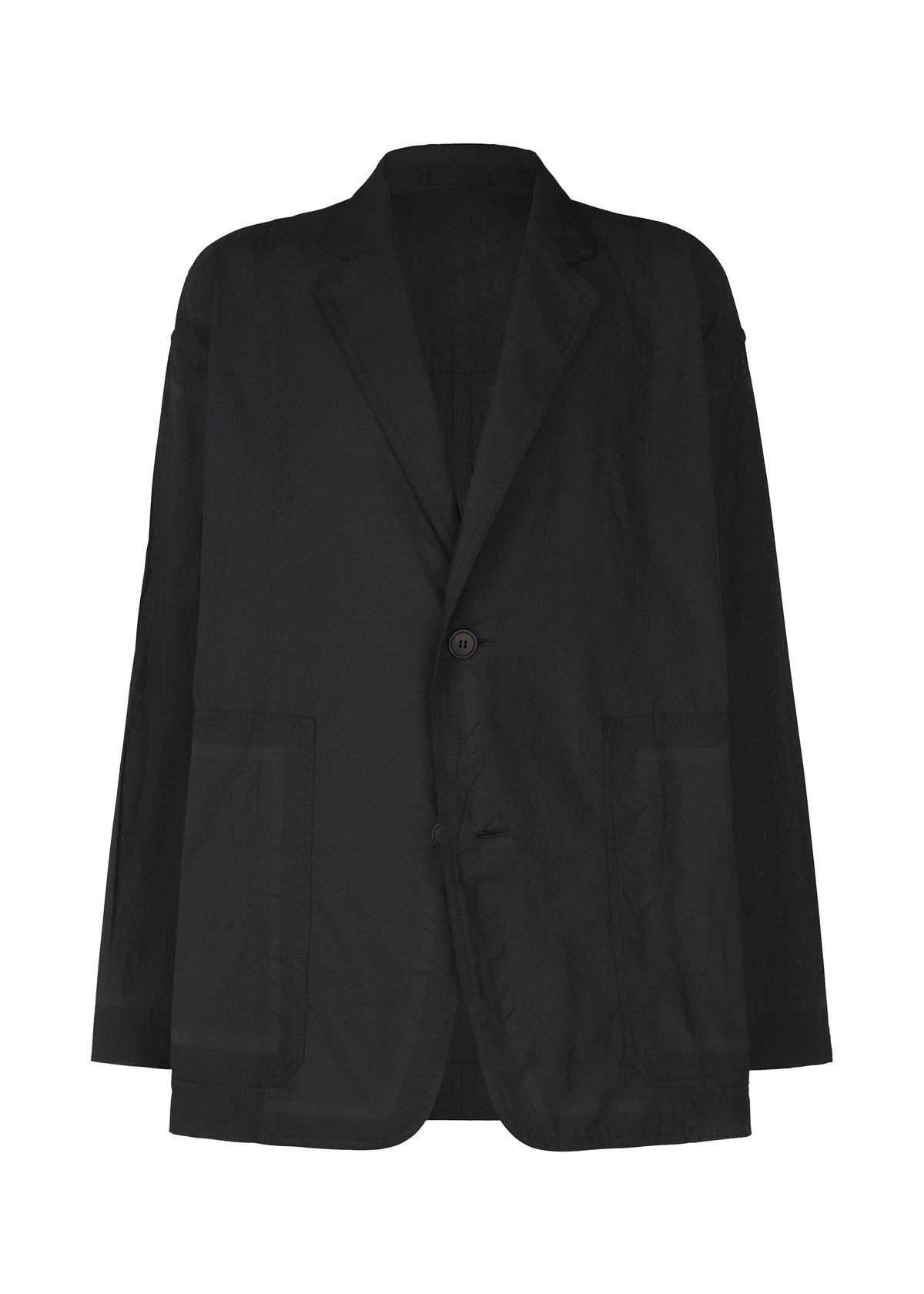 The TYPE-U 002 by A-POC ABLE ISSEY MIYAKE is a black single-breasted blazer with two front patch pockets, notch lapel, and a relaxed, oversized fit. This wrinkle-resistant shape-memory jacket is photographed on a plain white background. view 1 of 7