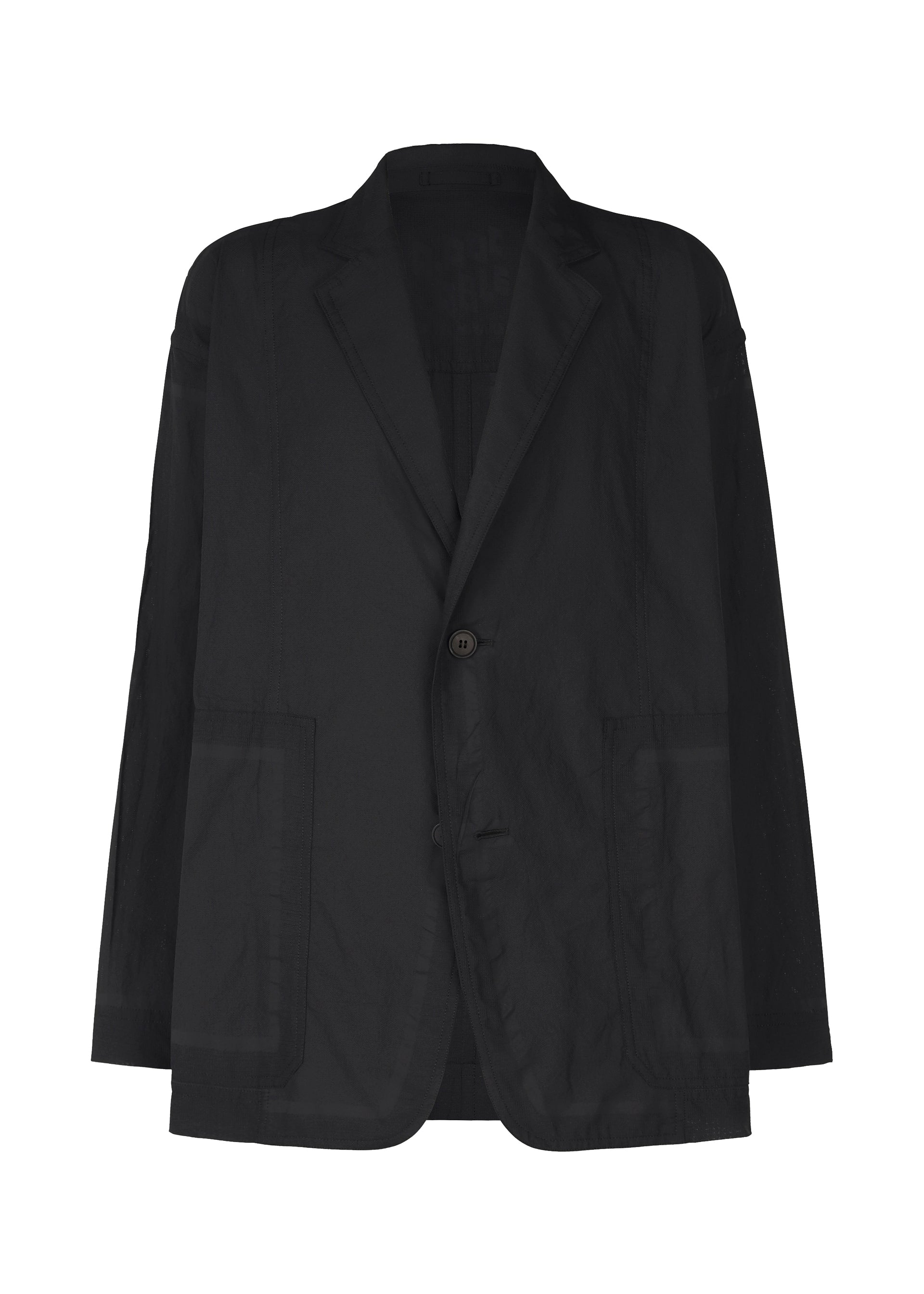 Zoomed view The TYPE-U 002 by A-POC ABLE ISSEY MIYAKE is a black single-breasted blazer with two front patch pockets, notch lapel, and a relaxed, oversized fit. This wrinkle-resistant shape-memory jacket is photographed on a plain white background. - BLACK （no.15）