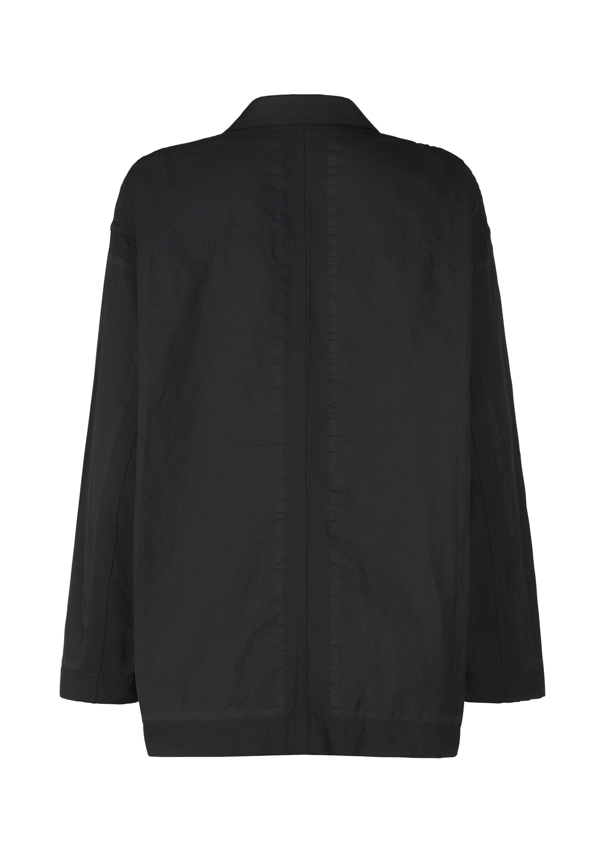 The TYPE-U 002 jacket by A-POC ABLE ISSEY MIYAKE is a black, long-sleeve, shape-memory piece shown from the back with a straight cut, subtle seams, simple collar, and comfortable fit. view 2 of 7