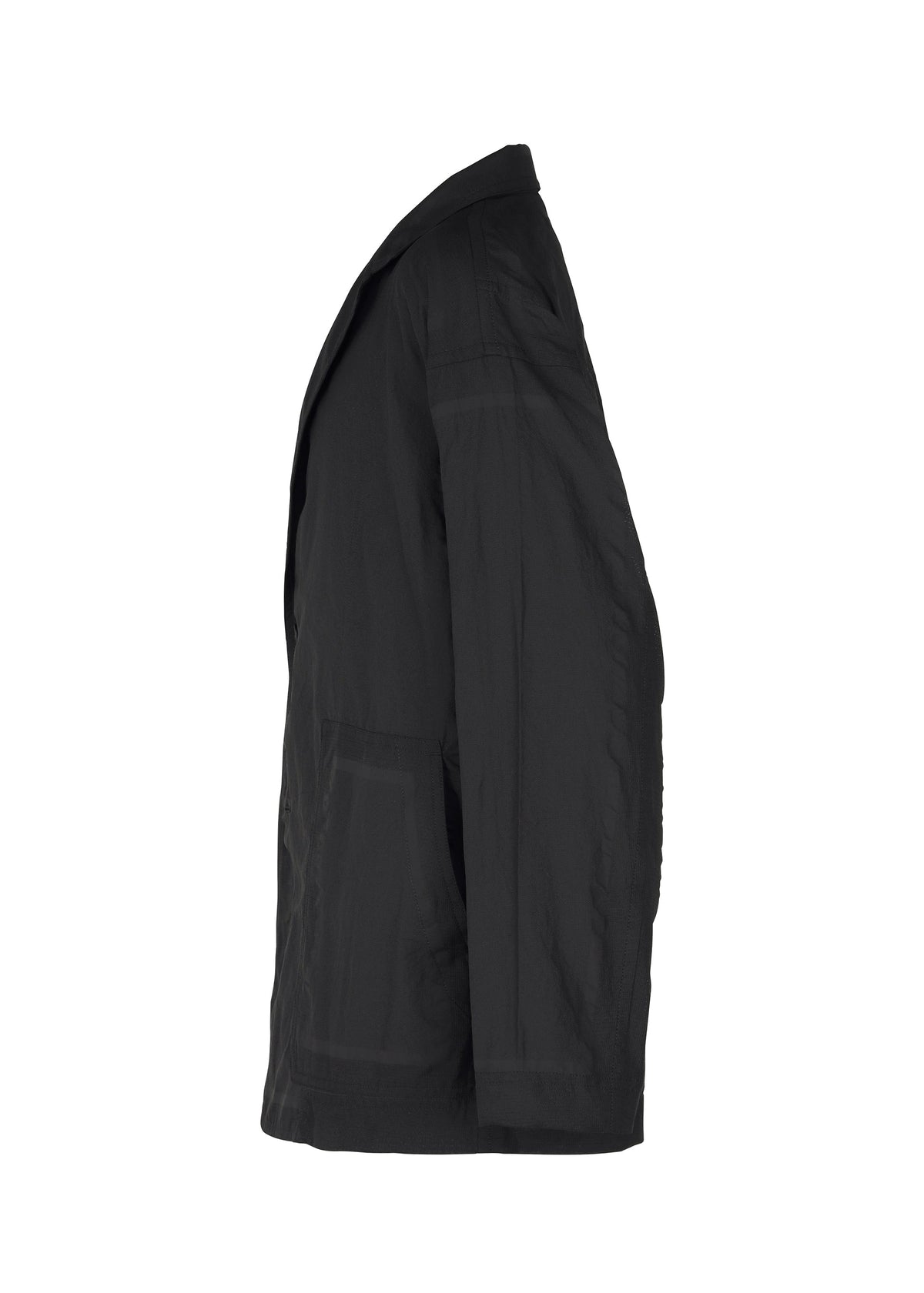 The TYPE-U 002 jacket by A-POC ABLE ISSEY MIYAKE is black and wrinkle-resistant, shown from the side against a white background, featuring a straight silhouette, long sleeves, collar, and front pockets for comfort. view 3 of 7
