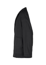 The TYPE-U 002 jacket by A-POC ABLE ISSEY MIYAKE is black and wrinkle-resistant, shown from the side against a white background, featuring a straight silhouette, long sleeves, collar, and front pockets for comfort.