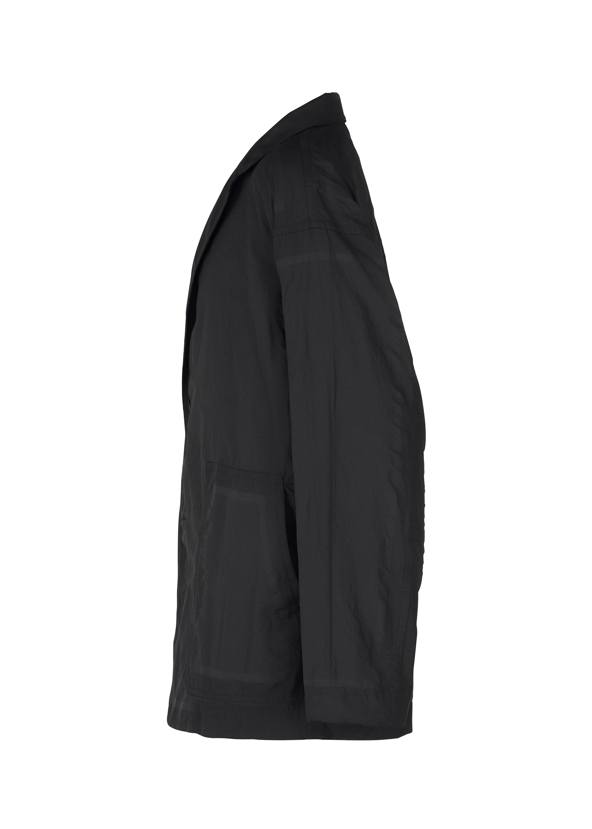 Zoomed view The TYPE-U 002 jacket by A-POC ABLE ISSEY MIYAKE is black and wrinkle-resistant, shown from the side against a white background, featuring a straight silhouette, long sleeves, collar, and front pockets for comfort.