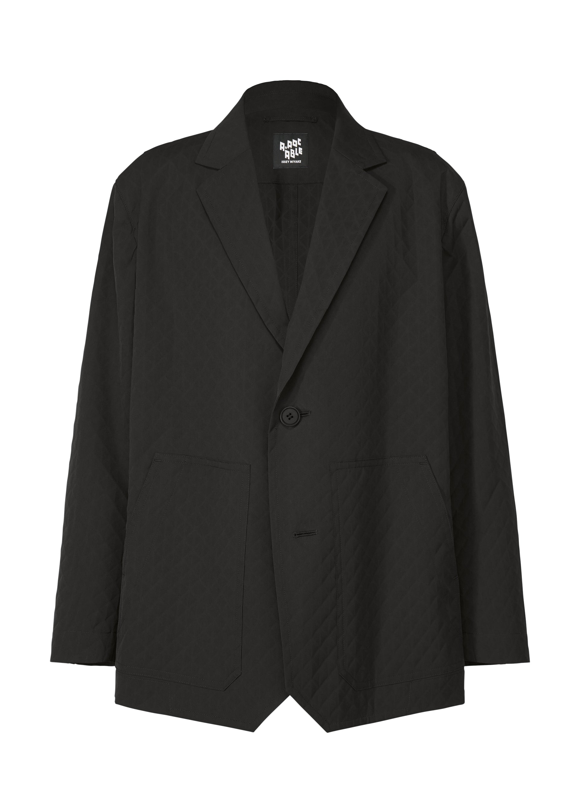Zoomed view The TYPE-T 001-2 by A-POC ABLE ISSEY MIYAKE is a black, single-breasted textured jacket with a notched lapel, two large front pockets, and a subtle pattern, shown against a white background. - BLACK （no.15）