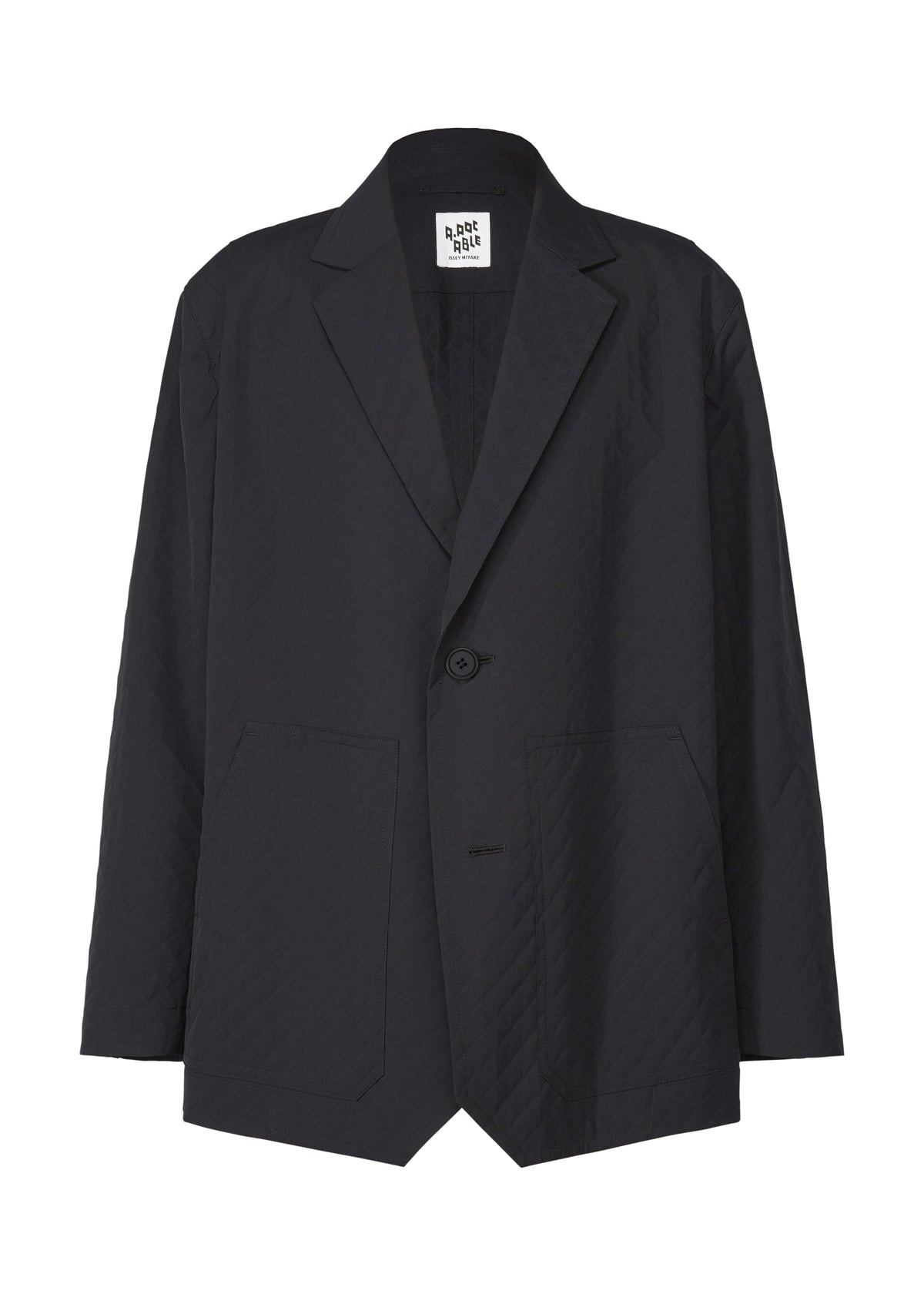The TYPE-T 001-2 by A-POC ABLE ISSEY MIYAKE is a black, single-breasted textured jacket featuring a notched lapel, two front patch pockets, visible collar label, and a slightly relaxed fit with minimalistic design. view 2 of 8