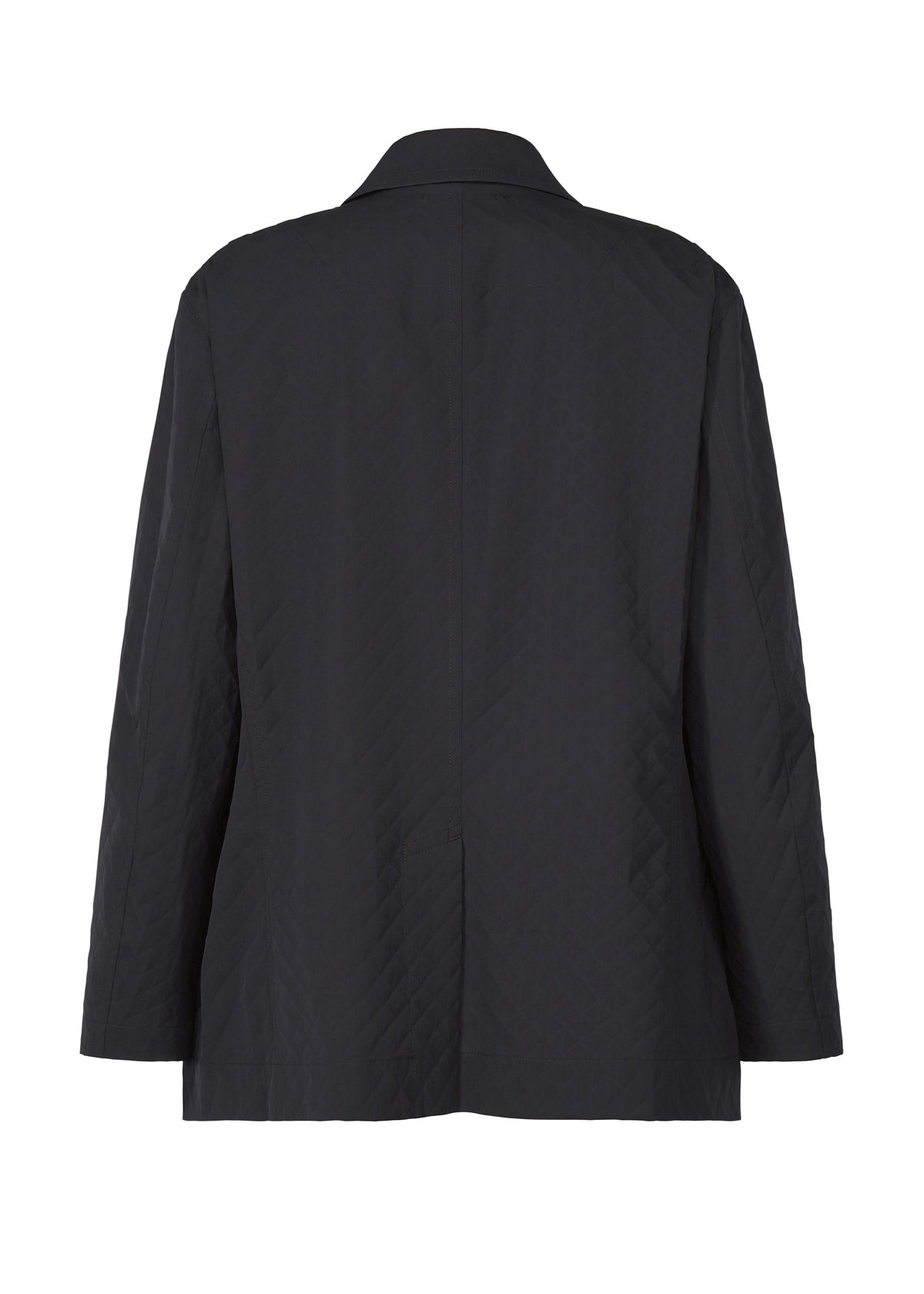 The TYPE-T 001-2 by A-POC ABLE ISSEY MIYAKE is a black, long-sleeve textured jacket with a straight cut and slightly loose fit, shown from the back. view 3 of 8