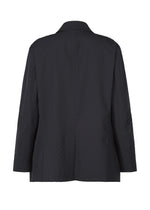 The TYPE-T 001-2 by A-POC ABLE ISSEY MIYAKE is a black, long-sleeve textured jacket with a straight cut and slightly loose fit, shown from the back.