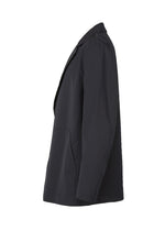 The TYPE-T 001-2 by A-POC ABLE ISSEY MIYAKE is a black, textured jacket shown from the side, with a notched lapel, long sleeves, and a large front pocket.