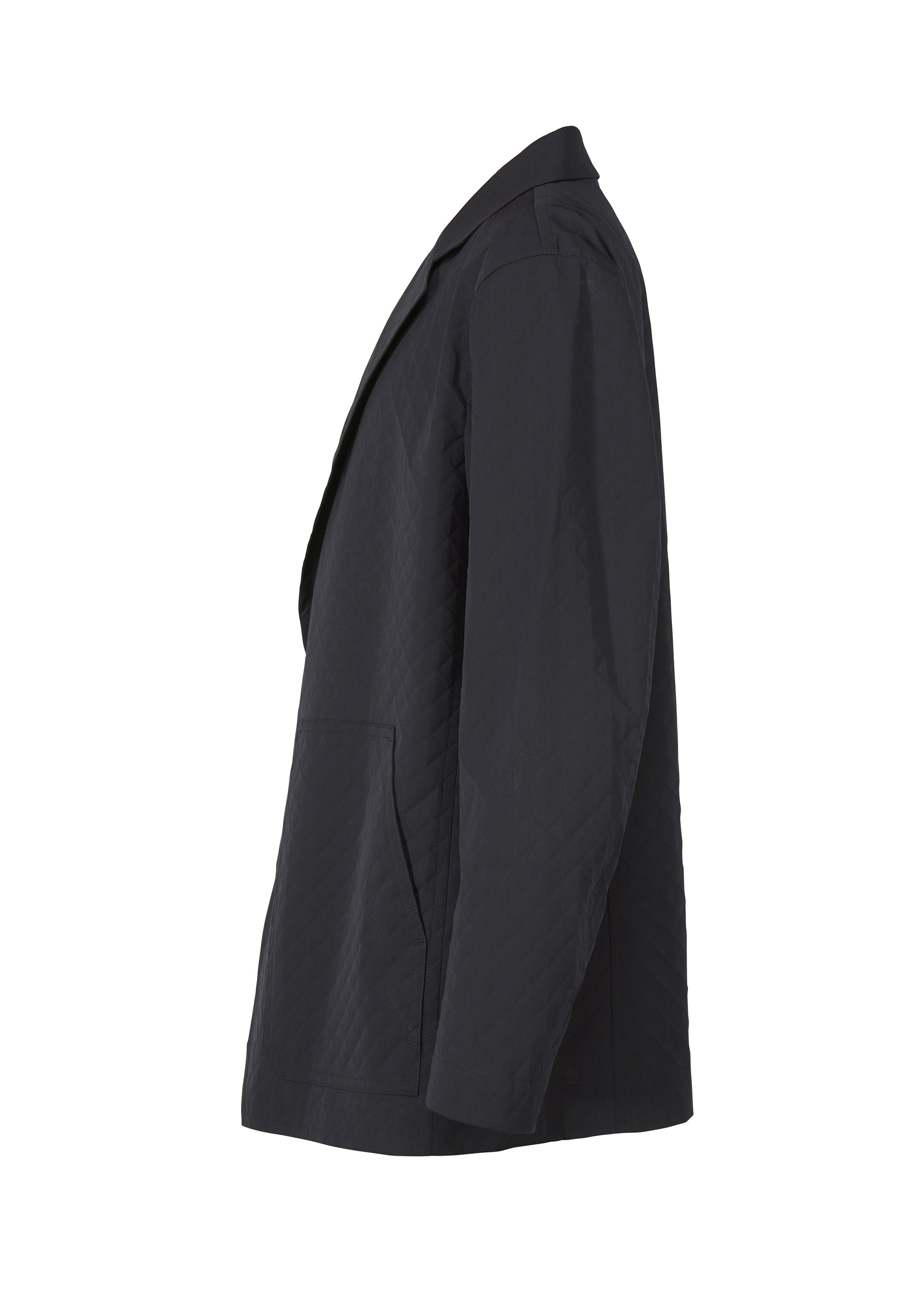 Zoomed view The TYPE-T 001-2 by A-POC ABLE ISSEY MIYAKE is a black, textured jacket shown from the side, with a notched lapel, long sleeves, and a large front pocket.