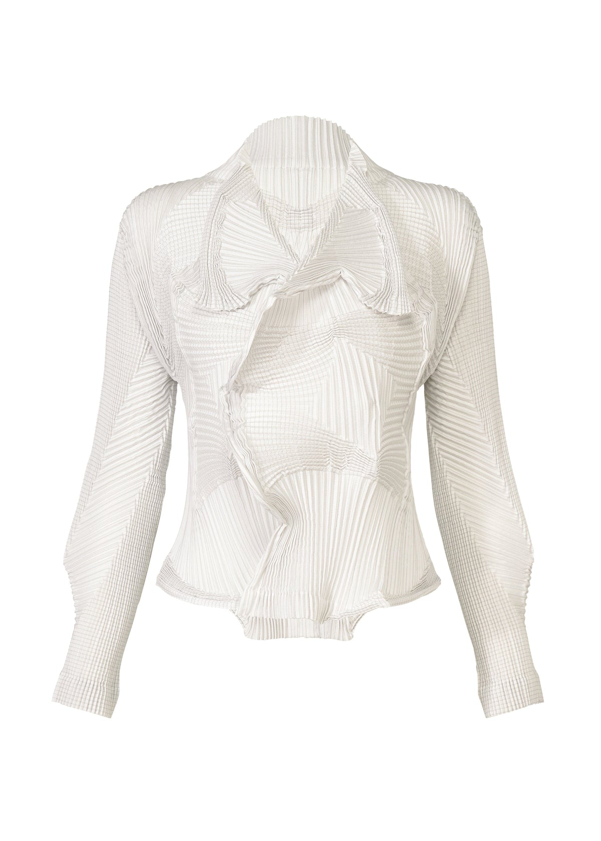 The TYPE-O 003 blouse by A-POC ABLE ISSEY MIYAKE is a white, long-sleeve top made from recycled polyester with a textured pleated fabric, ruffled front, fitted waist, and high collar. view 1 of 7