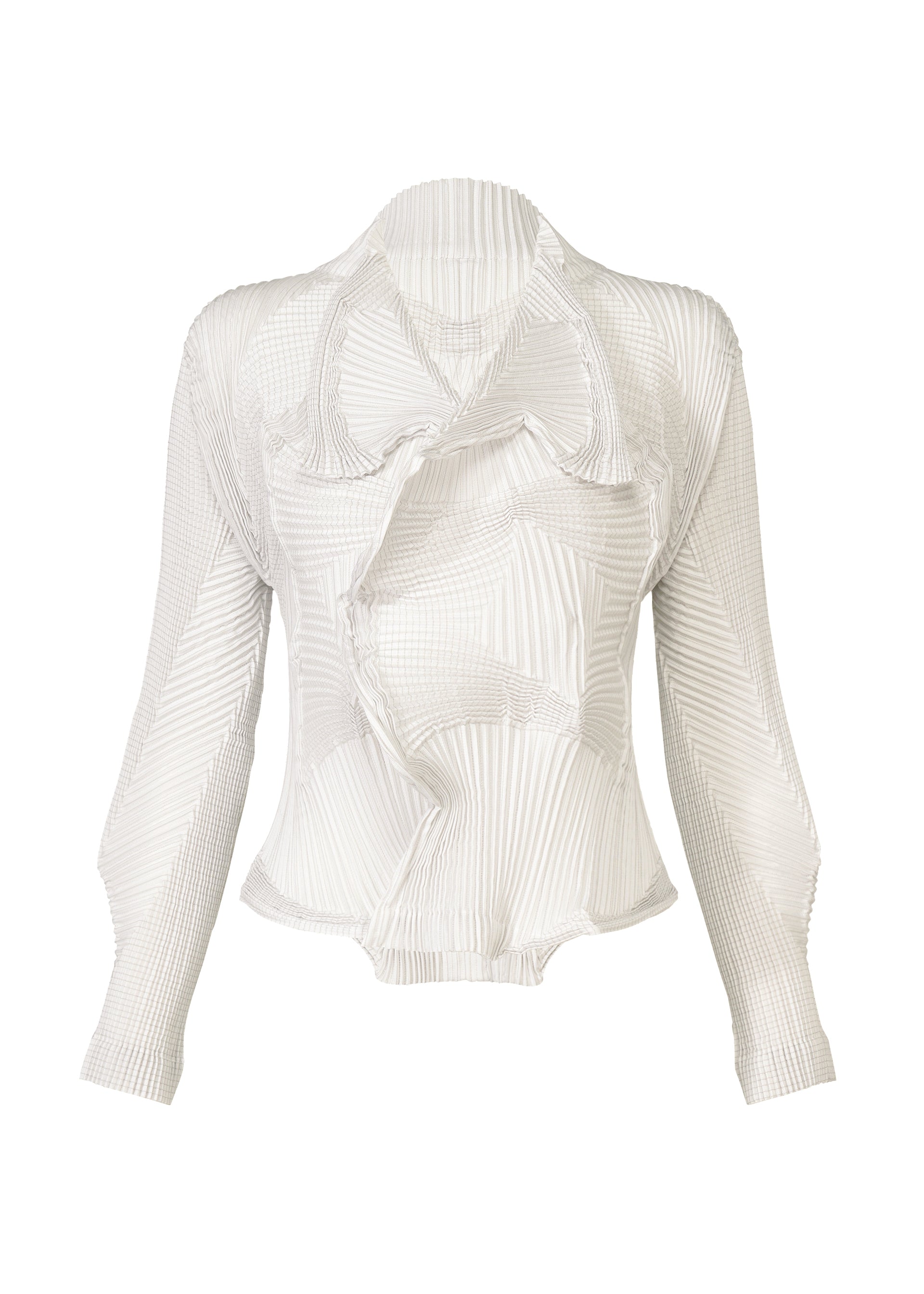 Zoomed view The TYPE-O 003 blouse by A-POC ABLE ISSEY MIYAKE is a white, long-sleeve top made from recycled polyester with a textured pleated fabric, ruffled front, fitted waist, and high collar. - WHITE-HUED （no.06）