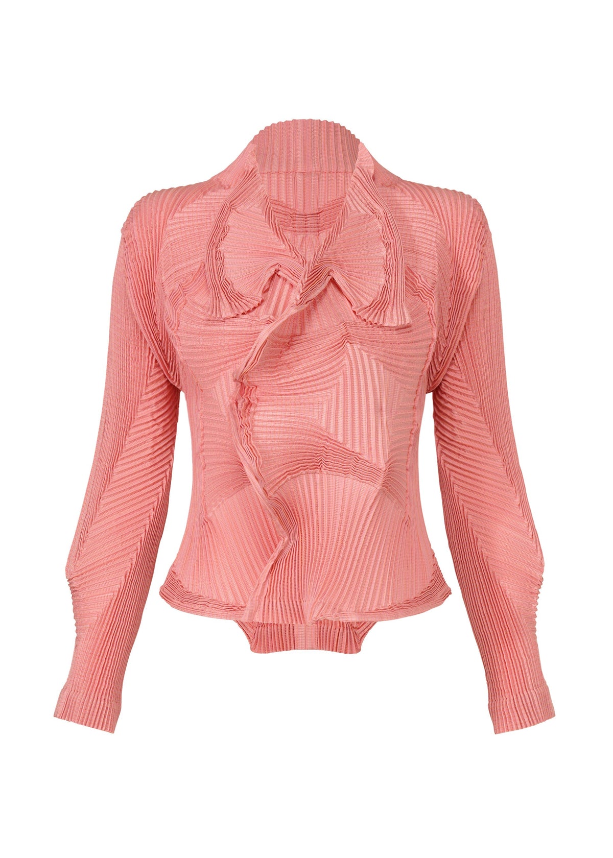 The TYPE-O 003 by A-POC ABLE ISSEY MIYAKE is a pink, long-sleeve pleated blouse featuring unique textured wavy ruffles on the front, collar, and edges, designed with a fitted silhouette. view 2 of 7