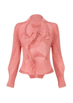 The TYPE-O 003 by A-POC ABLE ISSEY MIYAKE is a pink, long-sleeve pleated blouse featuring unique textured wavy ruffles on the front, collar, and edges, designed with a fitted silhouette. - PINK-HUED （no.26）