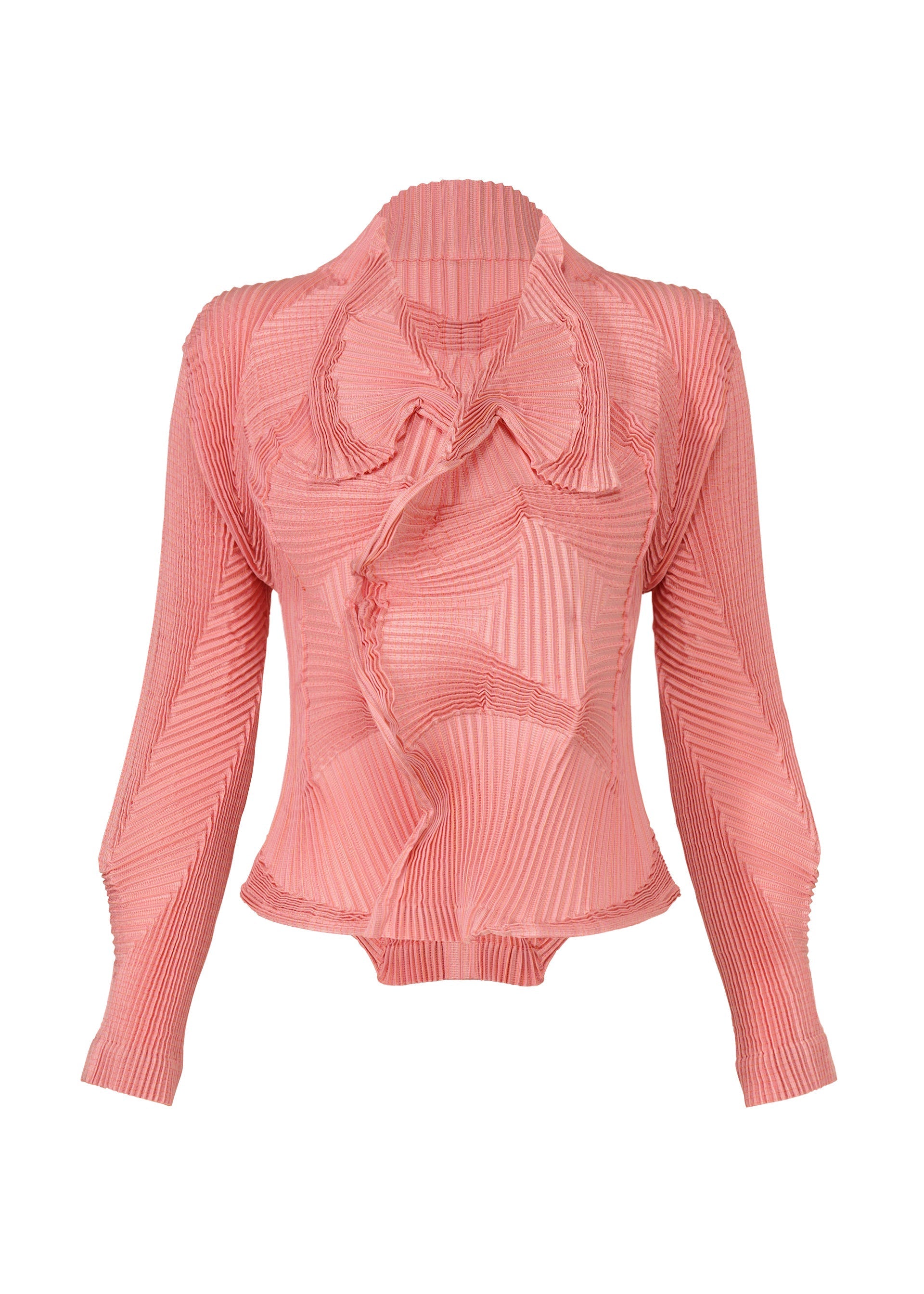 Zoomed view The TYPE-O 003 by A-POC ABLE ISSEY MIYAKE is a pink, long-sleeve pleated blouse featuring unique textured wavy ruffles on the front, collar, and edges, designed with a fitted silhouette. - PINK-HUED （no.26）