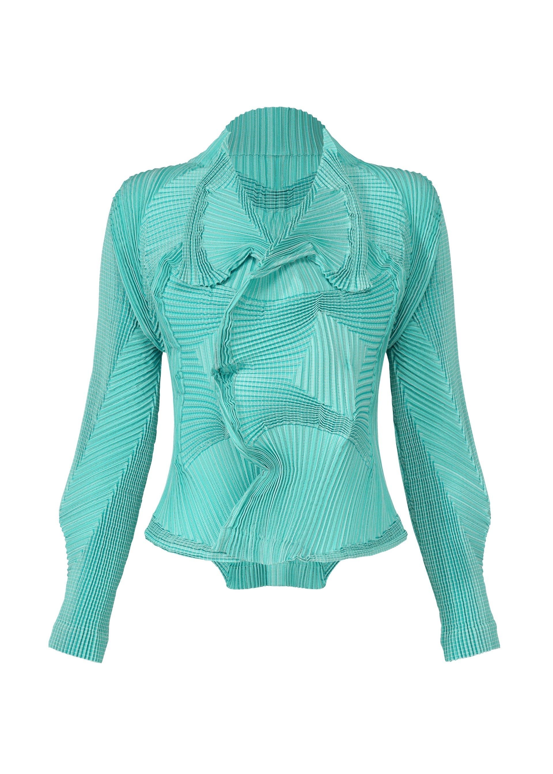 Zoomed view The TYPE-O 003 by A-POC ABLE ISSEY MIYAKE is a teal, long-sleeve fitted blouse with an intricate textured pattern and asymmetrical ruffled front details, shown against a white background. - EMERALD GREEN-HUED （no.67）