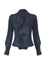 The TYPE-O 003 by A-POC ABLE ISSEY MIYAKE is a dark, long-sleeved Steam Stretch jacket made from recycled polyester, featuring a structured pleated texture and wavy raised details on the front and collar, shown against a white background. - NAVY （no.75）