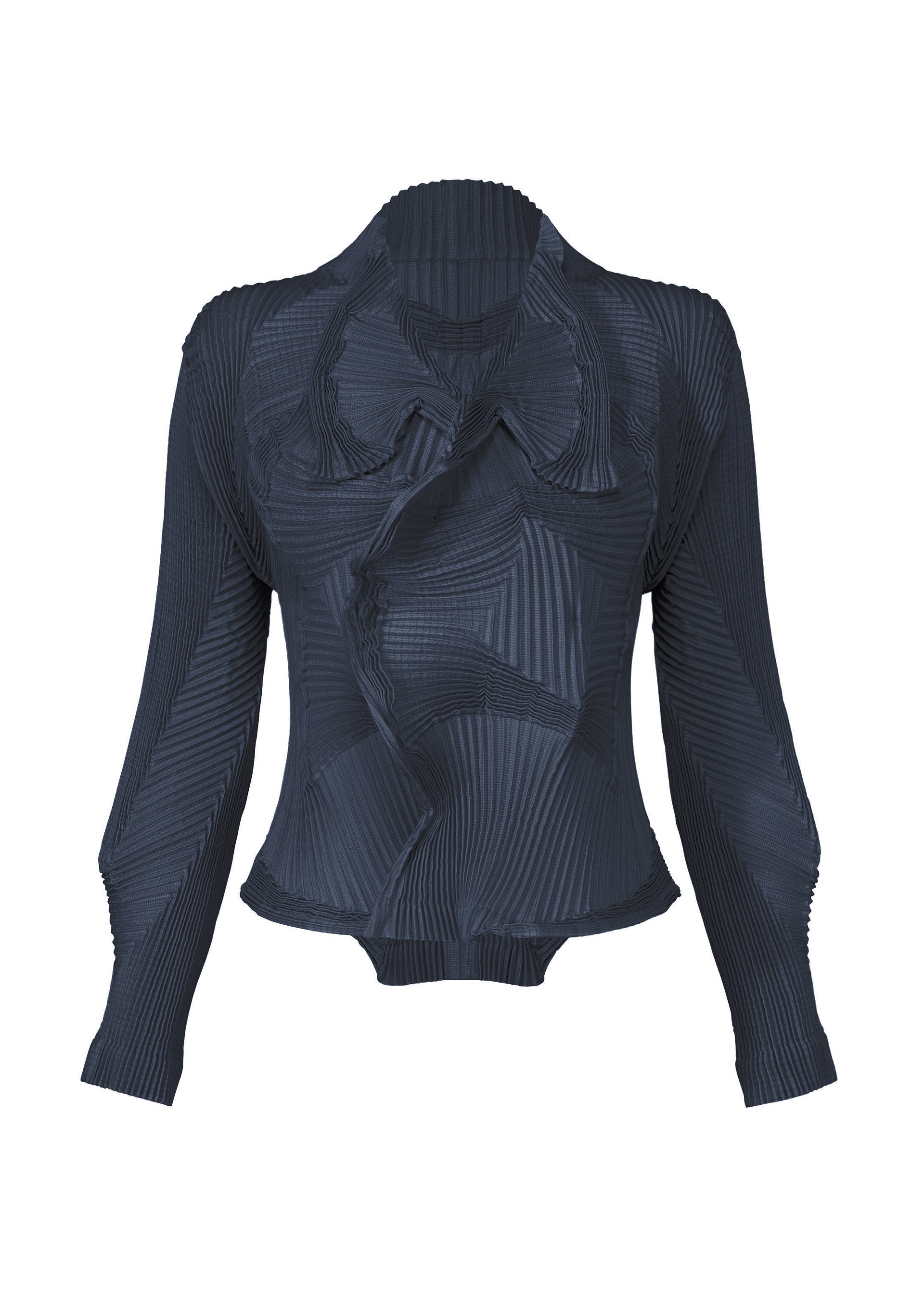 Zoomed view The TYPE-O 003 by A-POC ABLE ISSEY MIYAKE is a dark, long-sleeved Steam Stretch jacket made from recycled polyester, featuring a structured pleated texture and wavy raised details on the front and collar, shown against a white background. - NAVY （no.75）