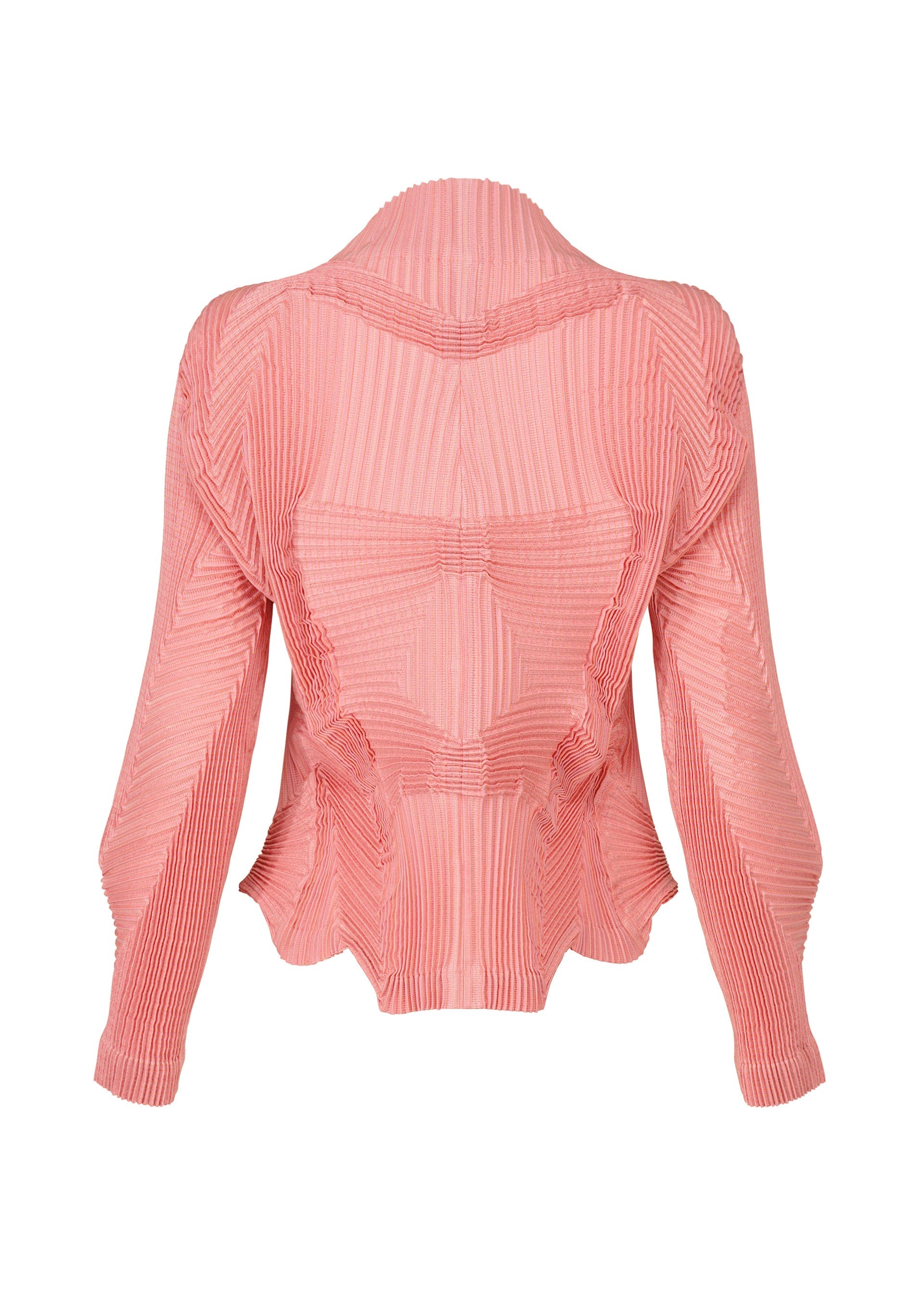 Zoomed view The TYPE-O 003 by A-POC ABLE ISSEY MIYAKE is a pink, long-sleeve pleated blouse in recycled polyester with geometric patterns, a fitted waist, and flared hem. It’s shown against a plain white background.