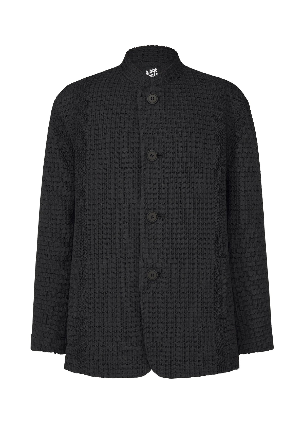 The TYPE-O 014 by A-POC ABLE ISSEY MIYAKE is a black textured jacket with a standing collar, grid-shaped pleats, four large front buttons, and two hip pockets. view 1 of 6