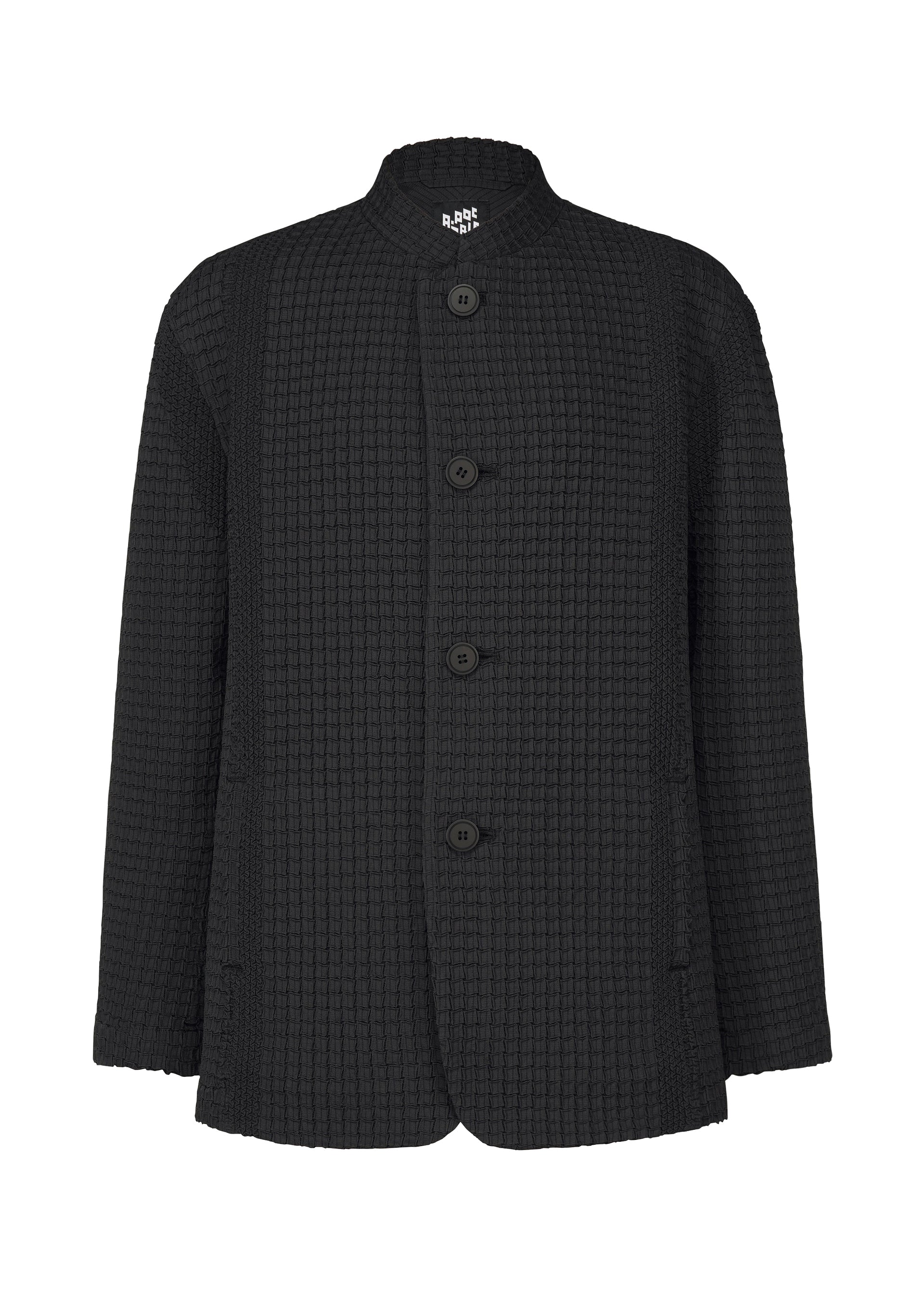 Zoomed view The TYPE-O 014 by A-POC ABLE ISSEY MIYAKE is a black textured jacket with a standing collar, grid-shaped pleats, four large front buttons, and two hip pockets. - BLACK （no.15）